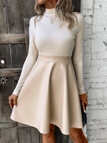 SHEIN Privé 素色小高領傘狀A字洋裝 - 杏色 - 查看 4