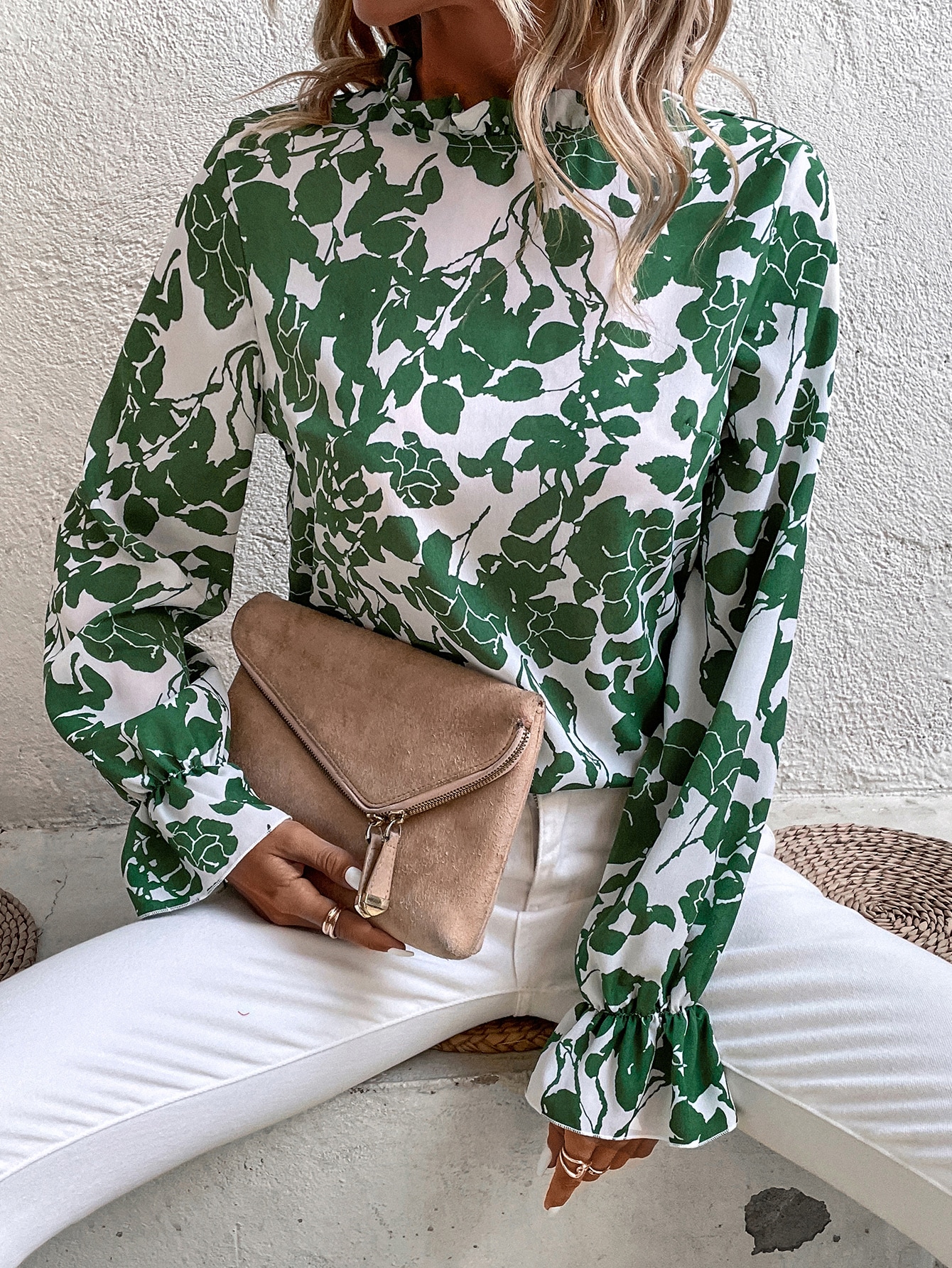 Sequin V-Neck Flounce Sleeve Blouse