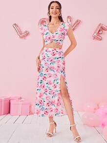 SHEIN Essnce con estampado floral pecho con fruncido ribete con fruncido Top crop & de muslo con abertura Falda - Multicolor - Ver 1