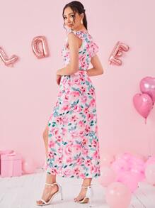 SHEIN Essnce con estampado floral pecho con fruncido ribete con fruncido Top crop & de muslo con abertura Falda - Multicolor - Ver 2