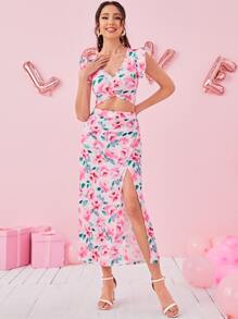 SHEIN Essnce con estampado floral pecho con fruncido ribete con fruncido Top crop & de muslo con abertura Falda - Multicolor - Ver 3