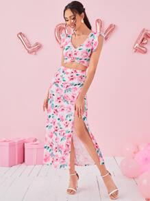 SHEIN Essnce con estampado floral pecho con fruncido ribete con fruncido Top crop & de muslo con abertura Falda - Multicolor - Ver 4
