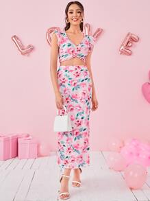 SHEIN Essnce con estampado floral pecho con fruncido ribete con fruncido Top crop & de muslo con abertura Falda - Multicolor - Ver 6