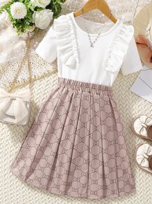 SHEIN Chicas ribete con fruncido Camiseta & con estampado Falda - Multicolor - Ver 1