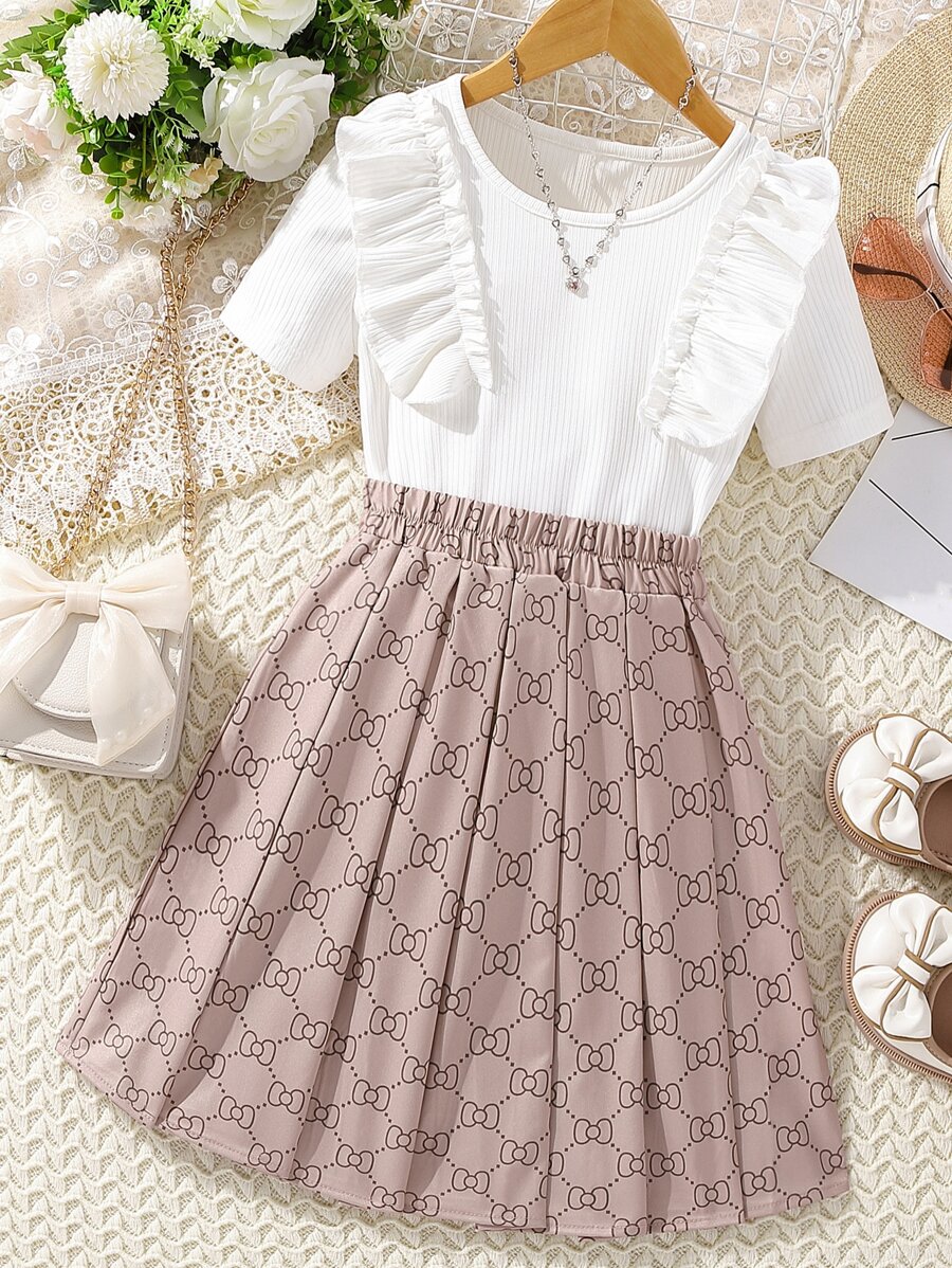 SHEIN Chicas ribete con fruncido Camiseta & con estampado Falda - Multicolor - Ver 1