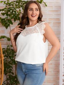 SHEIN Clasi Camisa sin manga con encaje en contraste - Blanco - Ver 1