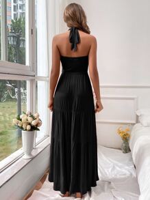 SHEIN VCAY Đầm Lộ Lưng Viên lá sen Buộc lại Hội Chữ thập màu trơn Gợi cảm - màu đen - Xem 2