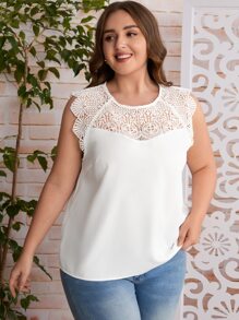 SHEIN Clasi Camisa sin manga con encaje en contraste - Blanco - Ver 4