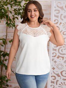 SHEIN Clasi Camisa sin manga con encaje en contraste - Blanco - Ver 5
