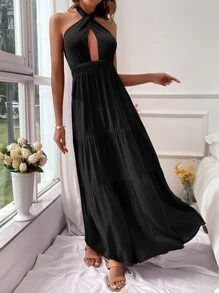 SHEIN VCAY Đầm Lộ Lưng Viên lá sen Buộc lại Hội Chữ thập màu trơn Gợi cảm - màu đen - Xem 4