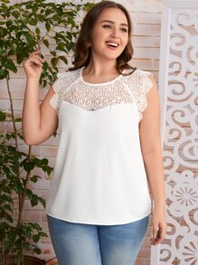 SHEIN Clasi Camisa sin manga con encaje en contraste - Blanco - Ver 6