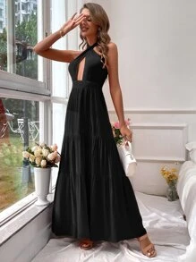 SHEIN VCAY Đầm Lộ Lưng Viên lá sen Buộc lại Hội Chữ thập màu trơn Gợi cảm - màu đen - Xem 6