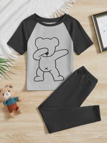 SHEIN 2pcs Young Boys' Casual & Comfortable Cartoon Bear Print Short Sleeve Top And Long Pants Home Wear Set - Multicolor - View 1