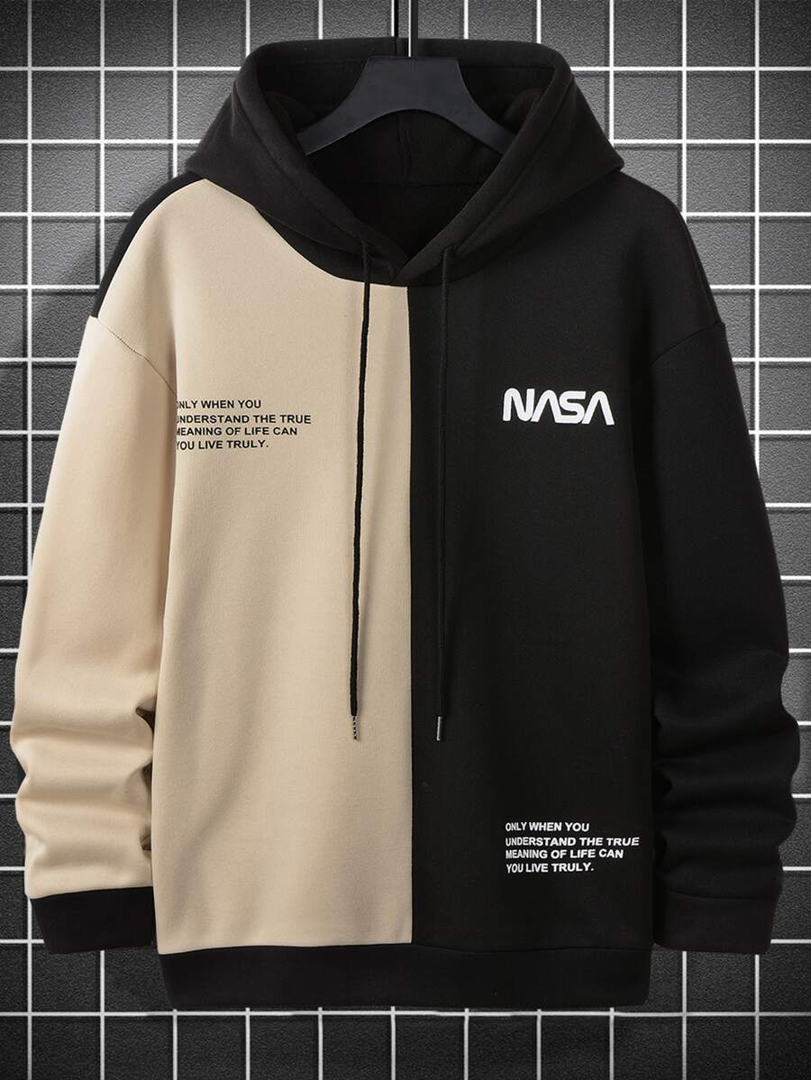 Manfinity Hypemode Men Slogan Graphic Two Tone Thermal Drawstring Hoodie - Multicolor - View 1