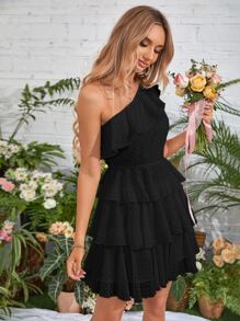 SHEIN VCAY One Shoulder Ruffle Trim Swiss Dot Layered Hem Dress - Black - View 4