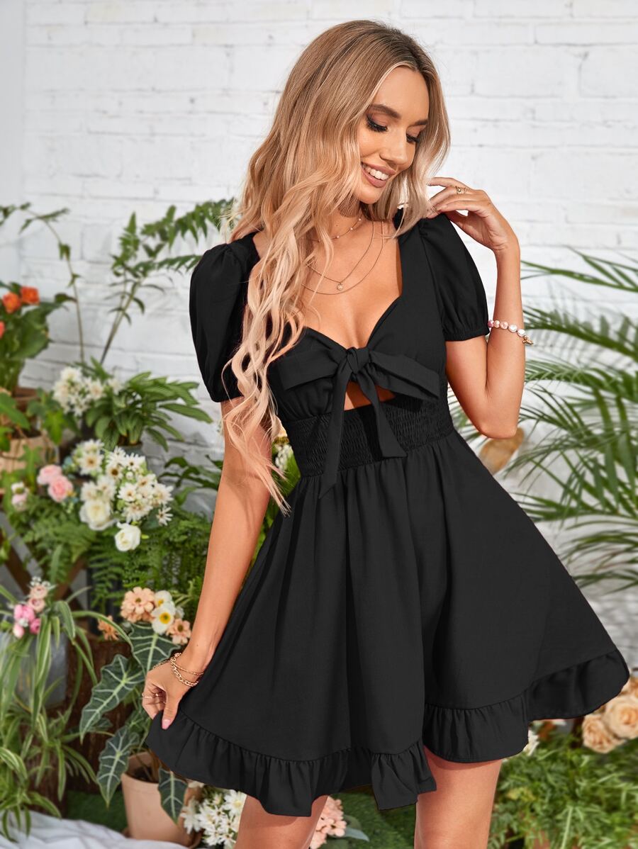 SHEIN VCAY Đầm Cắt ra Viên lá sen Dải chun Thắt nơ trước màu trơn Thanh lịch - màu đen - Xem 1