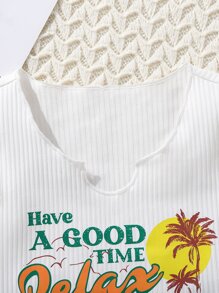 SHEIN Tween Girl Letter & Tropical Print Tank Top - White - View 3