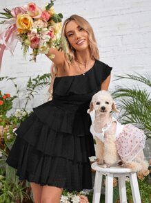 SHEIN VCAY One Shoulder Ruffle Trim Swiss Dot Layered Hem Dress - Black - View 5