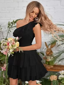 SHEIN VCAY One Shoulder Ruffle Trim Swiss Dot Layered Hem Dress - Black - View 1