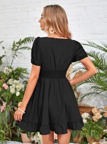 SHEIN VCAY Đầm Cắt ra Viên lá sen Dải chun Thắt nơ trước màu trơn Thanh lịch - màu đen - Xem 2