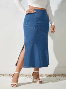 SHEIN Frenchy váy ngắn denim kích thước lớn Chia Dây kéo màu trơn - Rửa trung bình - Xem 2