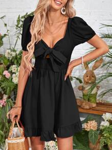 SHEIN VCAY Đầm Cắt ra Viên lá sen Dải chun Thắt nơ trước màu trơn Thanh lịch - màu đen - Xem 3
