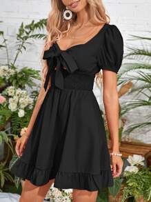SHEIN VCAY Đầm Cắt ra Viên lá sen Dải chun Thắt nơ trước màu trơn Thanh lịch - màu đen - Xem 4