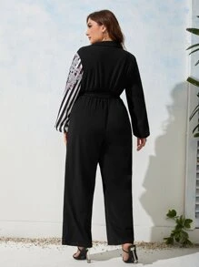 SHEIN Essnce Plus Striped & Floral Print Surplice Neck Belted Jumpsuit - Black and White - View 2