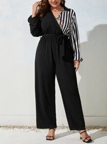 SHEIN Essnce Plus Striped & Floral Print Surplice Neck Belted Jumpsuit - Black and White - View 3