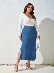 SHEIN Frenchy váy ngắn denim kích thước lớn Chia Dây kéo màu trơn - Rửa trung bình - Xem 5