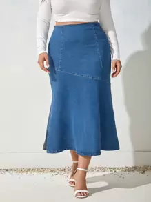 SHEIN Frenchy váy ngắn denim kích thước lớn Chia Dây kéo màu trơn - Rửa trung bình - Xem 1