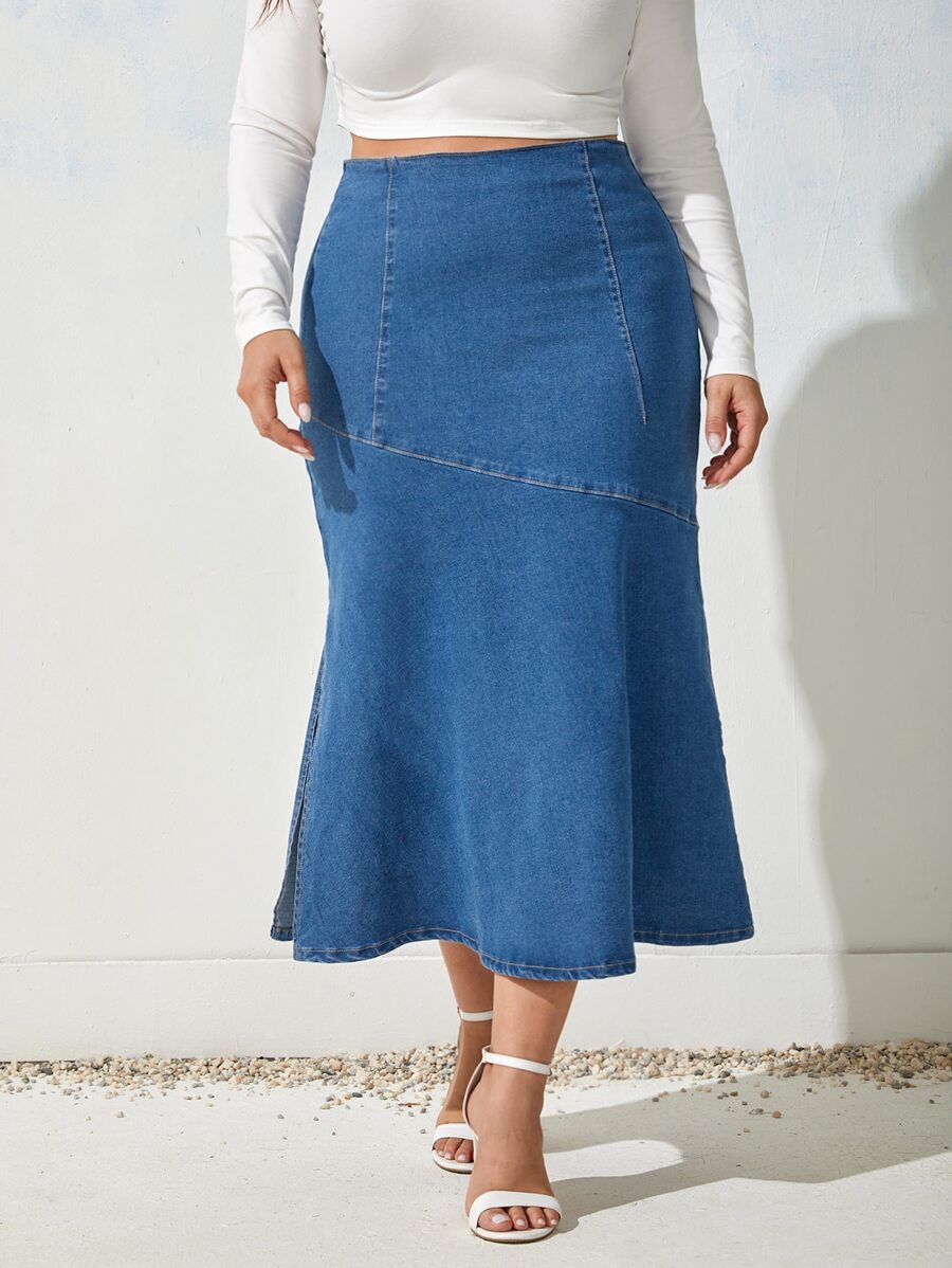 SHEIN Frenchy váy ngắn denim kích thước lớn Chia Dây kéo màu trơn - Rửa trung bình - Xem 1