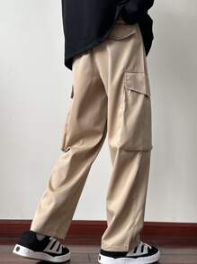 Manfinity Men Letter Patched Detail Flap Pocket Side Drawstring Waist Cargo Trousers - Khaki - View 2