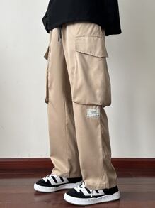 Manfinity Men Letter Patched Detail Flap Pocket Side Drawstring Waist Cargo Trousers - Khaki - View 1