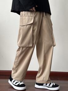 Manfinity Men Letter Patched Detail Flap Pocket Side Drawstring Waist Cargo Trousers - Khaki - View 4