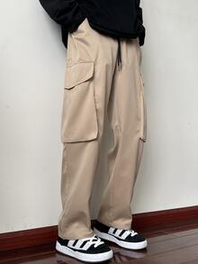 Manfinity Men Letter Patched Detail Flap Pocket Side Drawstring Waist Cargo Trousers - Khaki - View 5