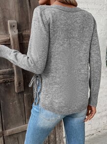 SHEIN LUNE 夏季女款圓領長袖蝴蝶結側面開衩弧形下擺套頭毛衣 - 灰色 - 查看 2