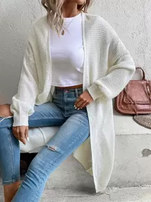 SHEIN LUNE Drop Shoulder Open Front Pointelle Knit Cardigan - White - View 1