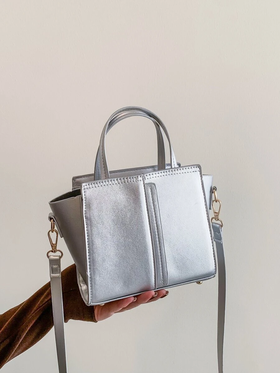 Minimalist Metallic Square Bag - Silver - View 1