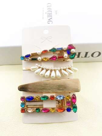 4入組水鑽和人造珍珠裝飾髮夾