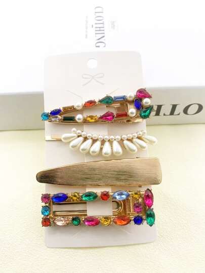 4pcs Rhinestone & Faux Pearl Decor Hair Clip