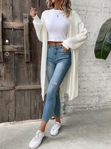 SHEIN LUNE Drop Shoulder Open Front Pointelle Knit Cardigan - White - View 4
