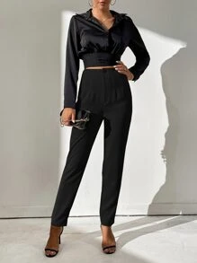 SHEIN Tall 高腰褶饰裤 - 黑色 - 查看 5