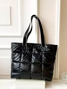 带钱包的绗缝单肩托特包，母亲节送给妈妈的礼物，书包，返校背包，学校托特包，大容量，便携，商务休闲，适合少女、女大学生、新人及白领，非常适合返校、大学、开学第一天、初中、高中、工作、商务、通勤 - 黑色 - 查看 2