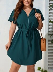 SHEIN LUNE Đầm Plus Size Thắt lưng Dây kéo màu trơn Giải trí - Màu xanh lá cây đậm - Xem 1