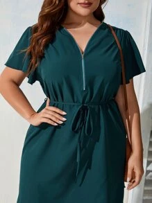 SHEIN LUNE Đầm Plus Size Thắt lưng Dây kéo màu trơn Giải trí - Màu xanh lá cây đậm - Xem 3
