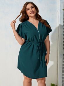 SHEIN LUNE Đầm Plus Size Thắt lưng Dây kéo màu trơn Giải trí - Màu xanh lá cây đậm - Xem 4
