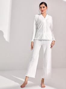 SHEIN Unity Set homewear con botón delantero ribete con fleco - Blanco - Ver 1