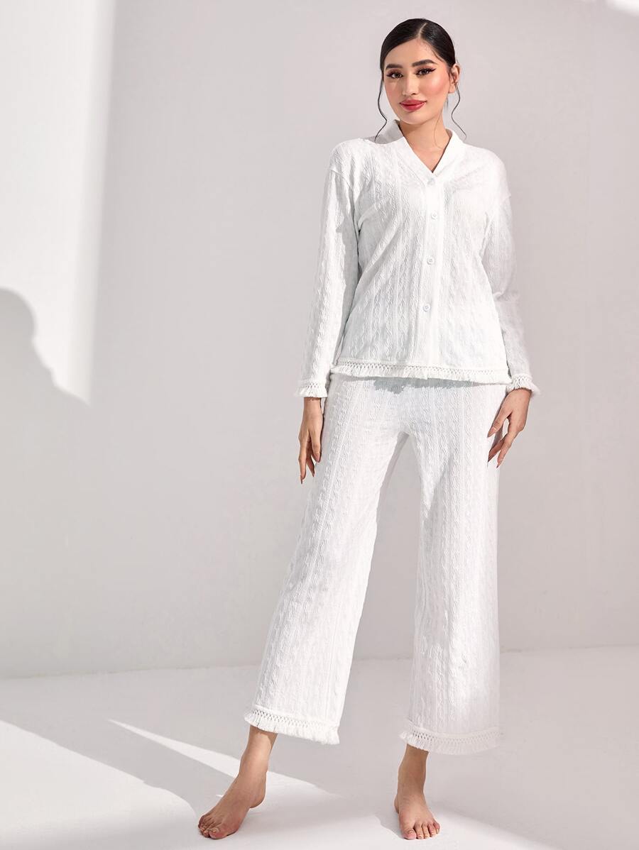 SHEIN Unity Set homewear con botón delantero ribete con fleco - Blanco - Ver 1