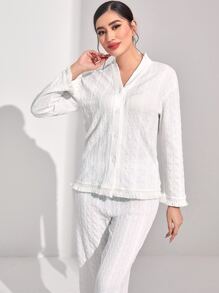 SHEIN Unity Set homewear con botón delantero ribete con fleco - Blanco - Ver 4